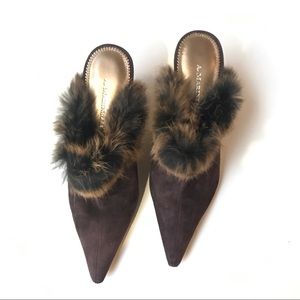 ‼️SOLD‼️Fur Mules Suede & Leather Brown Pointy Toe
